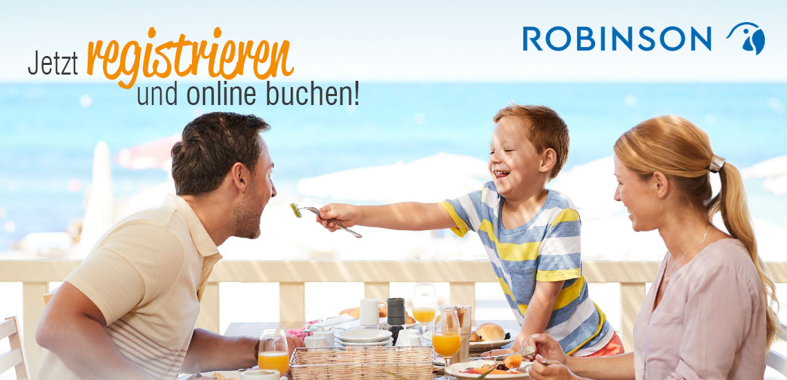 Die Anschrift jetzt registrieren und online buchen mit der Logo von Robinson in einem Bild von eine Familie isst  und lacht 